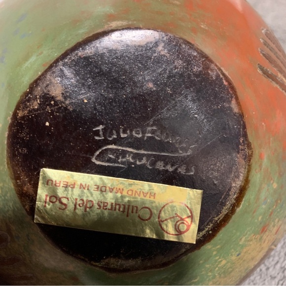 Brown Pottery Studio Art Vase Signed Julio  Flores Chulucanas PERU - Nazca Lines - Picture 4 of 7